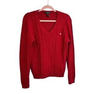 Lauren Ralph Lauren Cable Knit Pullover Sweater Size XL Red Embroidered Classic